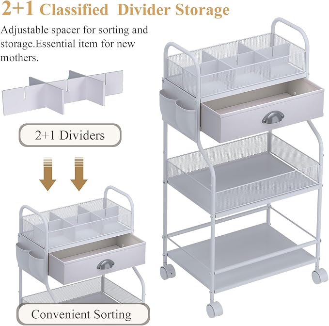 Baby Diaper Caddy Cart Organizer -3 Tier, Bedside Nursery Essentials Organizer & Storage Holder for Newborn Baby Stuff, 2+1 D