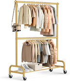 MISSLO Gold Clothing Racks for Hanging Clothes Heavy Duty Clothes Rack Double Garment Rack Metal Rolling Coat Rack Closet War
