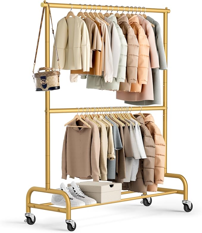 MISSLO Gold Clothing Racks for Hanging Clothes Heavy Duty Clothes Rack Double Garment Rack Metal Rolling Coat Rack Closet War