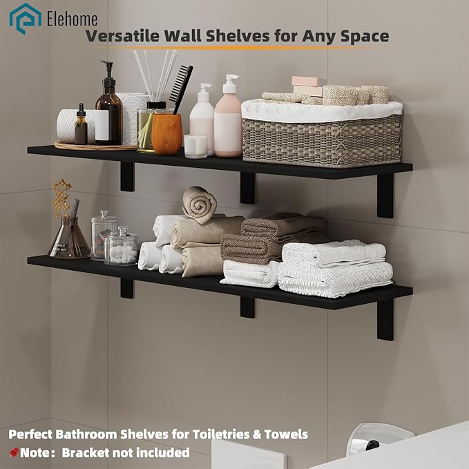 Floating Shelf Board for Wall 5/8" – No Brackets – 36" L x 10" W x 0.6" T Black Melamine Wood Floating Shelves for Bathroom, 