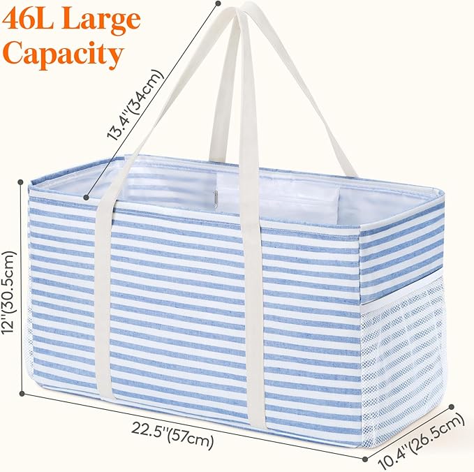 Lifewit Extra Large Tote Bag, Reusable Grocery Bags with Metal Wire Frame and Handles, Standing Utility Foldable Shopping Bags for Storage, Picnics, Beach, Laundry, Car, 46L, 2 Pack, Blue