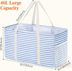 Lifewit Extra Large Tote Bag, Reusable Grocery Bags with Metal Wire Frame and Handles, Standing Utility Foldable Shopping Bags for Storage, Picnics, Beach, Laundry, Car, 46L, 2 Pack, Blue