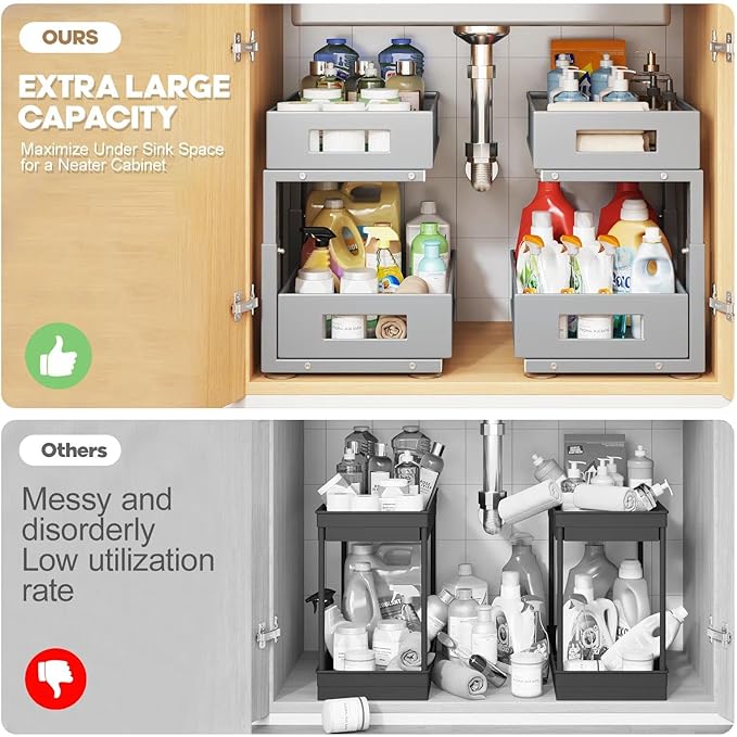 1 Pack 17IN Depth Under Sink Organizer, 2-Tier Pull Out Cabinet Organizer With Smooth Circular Rail, Large Capacity Metal Mes