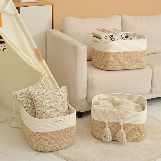 ICERZCZ Large Storage Baskets for Organizing Shelves, Woven Cotton Rope Bins for Baby Nursery Organization, Book Toy Towel Or