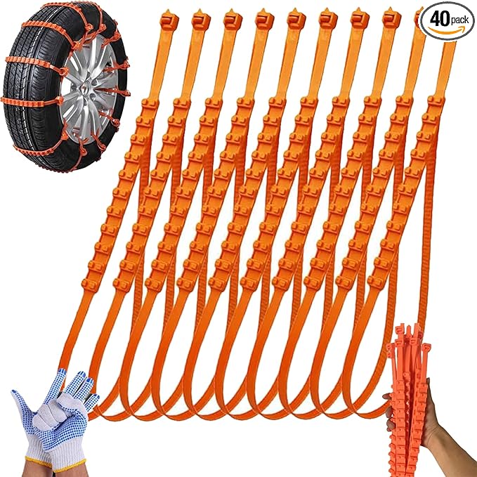 40PCS Zip Tie Snow Chains - Temporary Tire Straps, Universal Reusable Anti-Skid Nylon Tire Chain, Upgrade Adjustable Portable