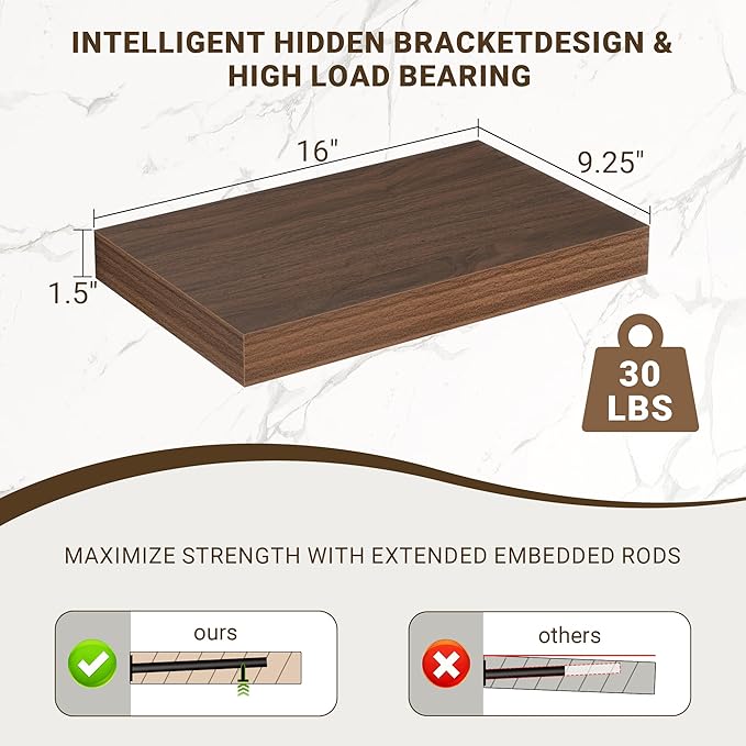 16 Inch Floating Shelves, 16"x9.25"x1.5" Inch Deep Floating Shelves for Wall, Wooden Shelves for Bathroom, Bedroom, Living Ro