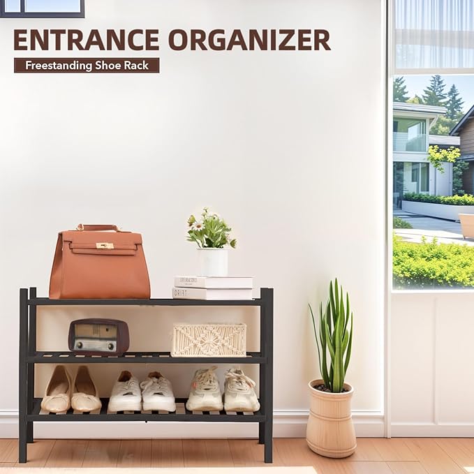 3 Tier Bamboo Shoe Rack Storage Organizer for Closet, Multifunctional Stackable Free Standing Shoe Shelf Organizer for Small 