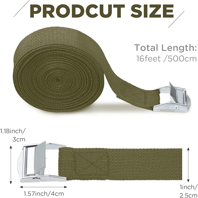 Riakrum 15 Pack 16 Feet Lashing Straps Adjustable Kayaks Tie Down Cam Buckle Straps with Buckles up to 250lbs for Cargo, Luggage, Motorcycles, Truck, Car Roof Rack, Sup Surfboard(Army Green)