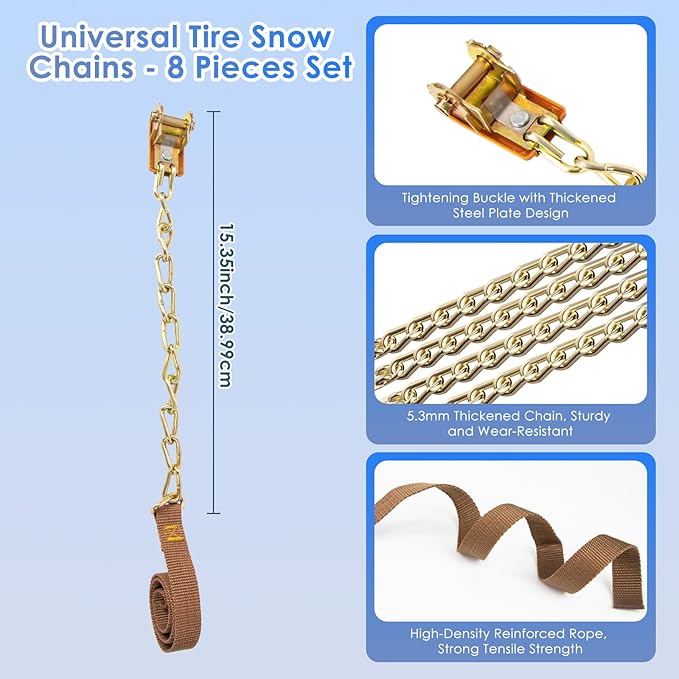 Qoosea Snow Chains 8Pcs Tire Chains Snow Chains for Car SUV Tire Chains with Tightening Buckles Universal Anti-Slip Snow Tire