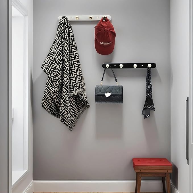 Wall Mounted Coat Hook Rack with Gold Hooks 2 Pack, Modern Wood Wall Organizer for Hanging Coats, Hats, Towels, Bags,Jackets,