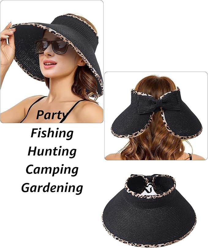 Sun Visor Hat for Women, Wide Brim Straw Summer UV Protection Hat, Foldable Roll-up Packable Beach Cap