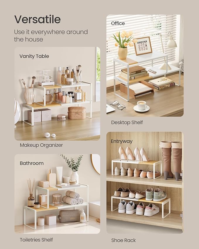 SONGMICS HOME Spice Racks, Expandable Cupboard Shelf Orgnizers, Kitchen Counter Shelves, Bamboo and Metal, Space-Saving Shelv