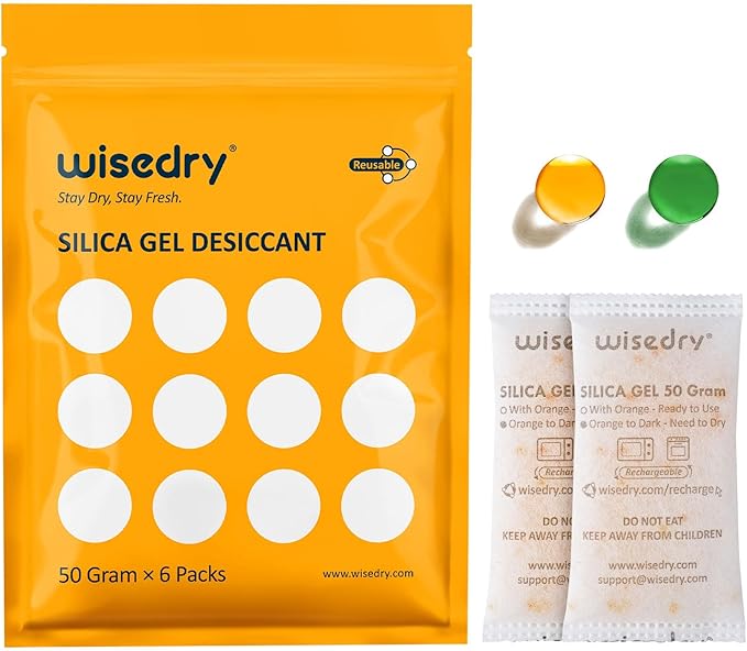 wisedry 50 Gram [6PACKS] Rechargeable Silica Gel Desiccant Packets Fast Reactivate Desiccant Bags Orange to Green indicating