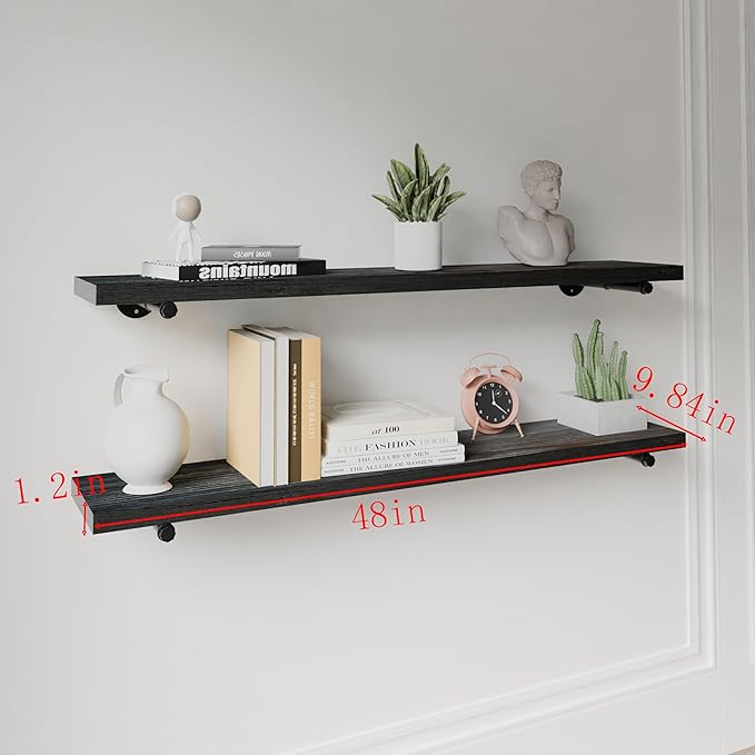 Industrial Pipe Wall Wood Shelves,Real Wooden Shelves 48" in Black Planks Color with 1.2" Extra Thickness, Modern Floating Sh