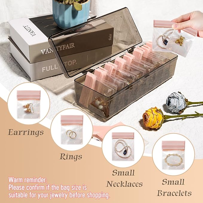Jewelry Organizer and Storage Box with 24 EVA Anti Tarnish Bags, Travel Acrylic Case for Earrings, Necklaces & Rings, Elegant