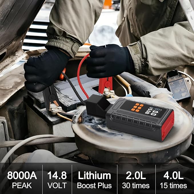 Portable Car Jump Starter with Air Compressor, 14.8V 2000 * 4mAh Battery Booster, 150PSI Tire Inflator, Power Bank & LED