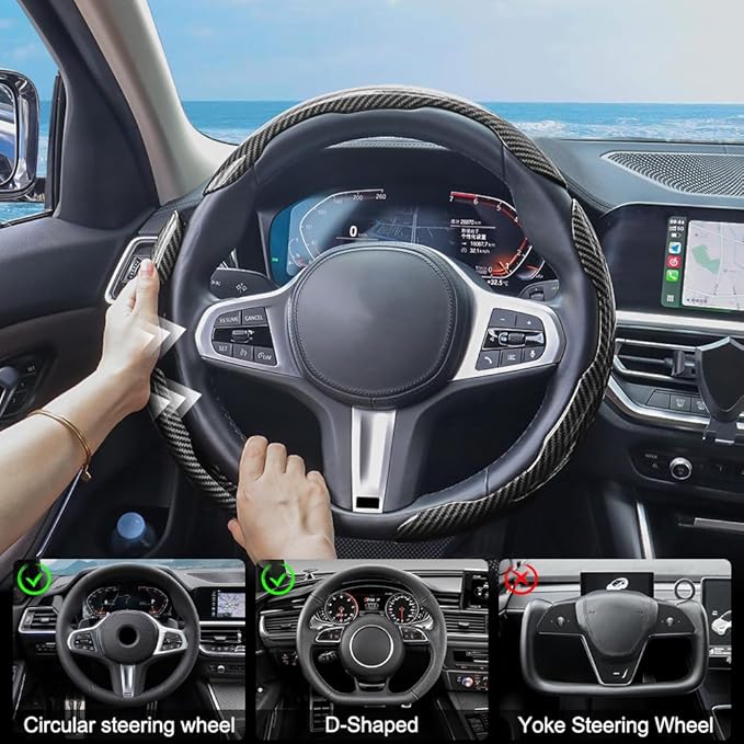 Carbon Fiber Steering Wheel Cover 3PCS, Non-Slip Grip for Universal Cars,Fit for 14–16 Inch Wheels, Interior Accessories for 
