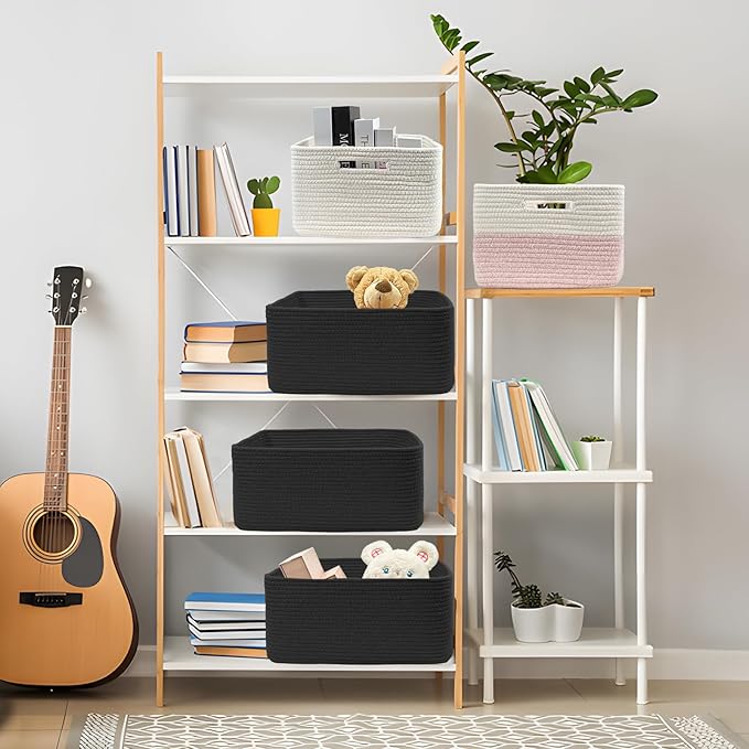 COMFY-HOMI 3 pcs Large Storage Baskets for Shelves, Laundry Basket, Woven Rope Basket, Closet Organizer Bins for Clothes Blan