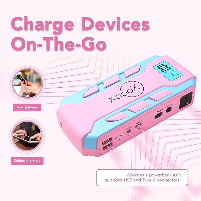 XoooX Pink Portable Car Battery Jump Starter Kit with Jumper Cables, LED Light and Case; 12V Jump Start Battery Pack; Portable Battery Charger for USB/USB-C Devices