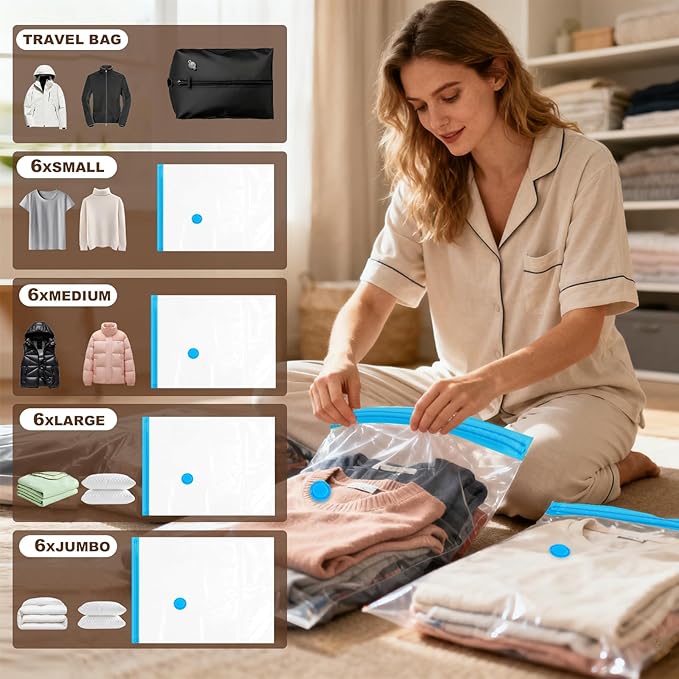25 Pack Vacuum Storage Bags for Clothing Travel Vacuum Seal Bags With Wireless Pump IP67 Waterproof Reusable Vacuum Compressi