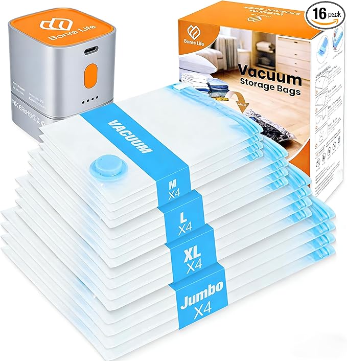 Vacuum Storage Bags with Cordless Pump, 16-Pack Space Saver Vacuum Seal Bags for Blankets, Clothes & Bedding, Reusable Compre