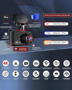 WiFi Dash Cam Front and Rear, 4K Front 2.5K Car Camera, 3" IPS Screen, 170° Wide Angle, WDR Night Vision, 64GB SD Card Included, Loop Recording, G-Sensor, 24H Parking Monitor, Type-C Charging (K9)