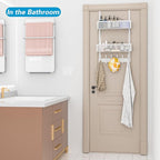 Over The Door Hooks Organizer, Over Door Storage with 12 Coat Hooks and 2 Mesh Basket, Bathroom Door Organizer Towel Rack Bac