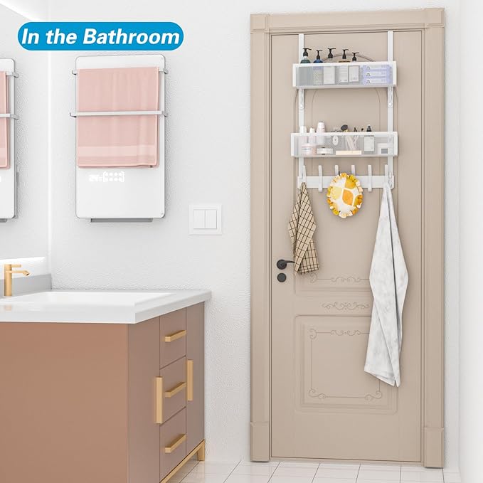 Over The Door Hooks Organizer, Over Door Storage with 12 Coat Hooks and 2 Mesh Basket, Bathroom Door Organizer Towel Rack Bac