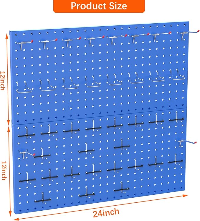 TORACK Metal Pegboard Wall Organizer 24" x 24" or 12" x 48", 70 PCS Tools Storage Pegboard for Garage Tool Organizer Pegboard