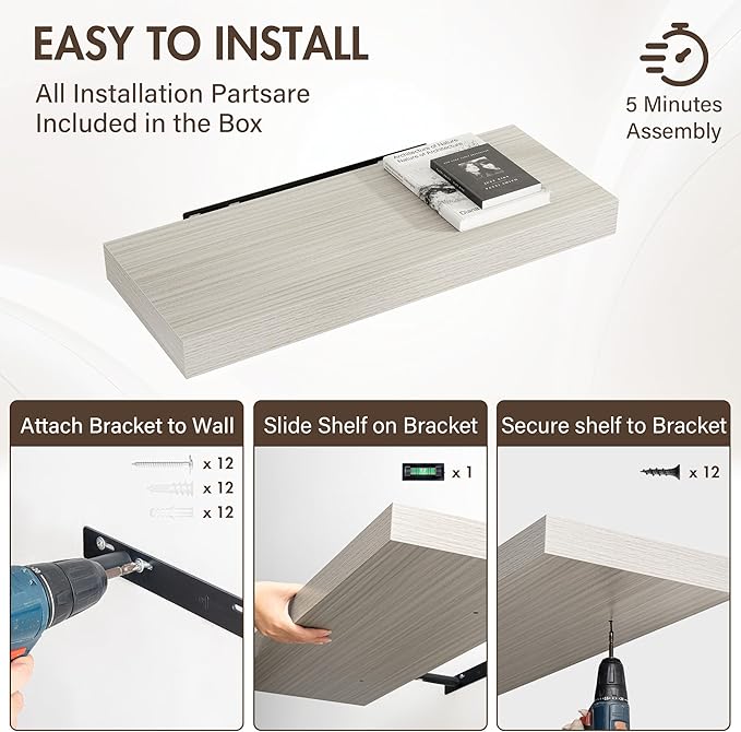 30 Inch Floating Shelves, 12" Deep Floating Shelf Wall Mounted, 30" Wall Shelves, Rustic Deep Bookshelf, Extra Deeper & Thick