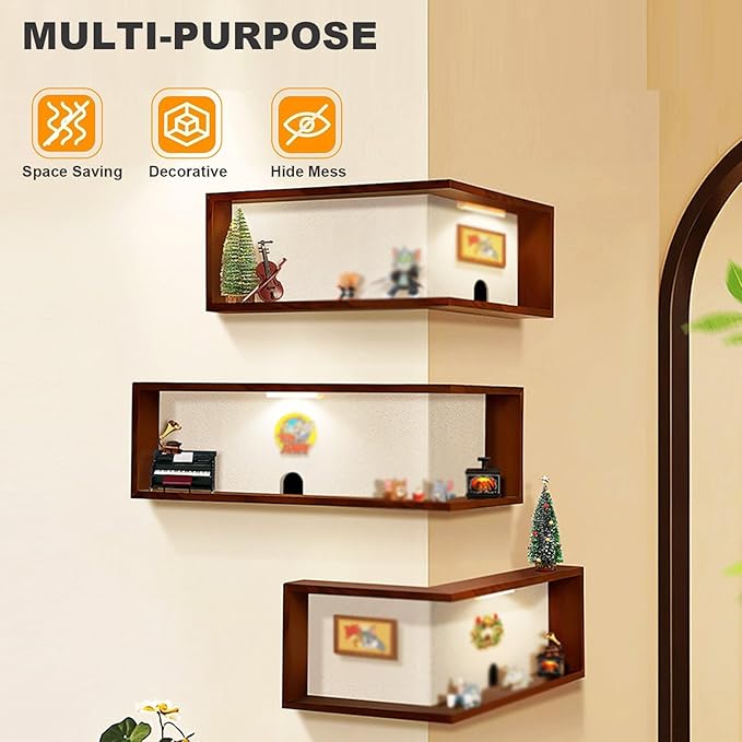 Corner Shelf Wall Mounted, Set of 3 Floating Shelves, 90° Coner Wooden Storage Rack for Ornaments Figurines Collectibles Disp