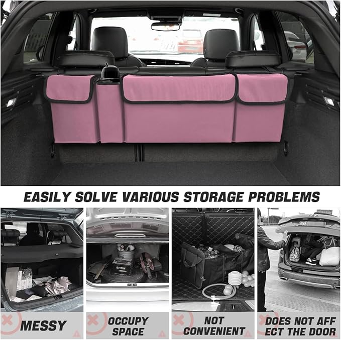 AUCELI Car Trunk Organizer, Backseat Hanging Large Storage with Adjustable Straps, Waterproof Collapsible Cargo Bag with 4 Pockets, Sturdy Space Saver Frees Trunk Floor for SUV, Truck, MPV