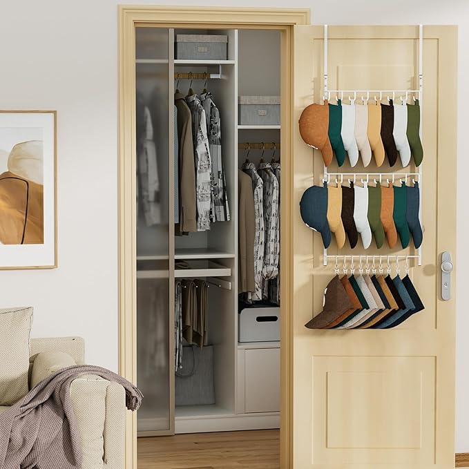 HapiRm Over Door Hat Rack - 3 Tier Wall Mounted Hat Organizer with 16 Hooks and 10 Movable Clips, Baseball Cap Organizer Stor