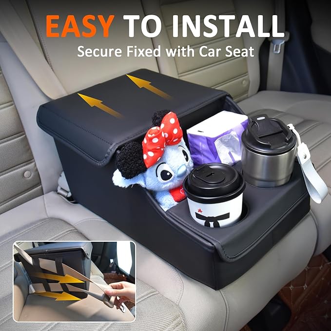 Backseat Car Organizer, Middle Seat Organizer With 4 Storage Compartments 2 Cup Holders, Back Seat Center Hand Rest Toy Storage for Toddler Kids Family Travel Roadtrip Essentials for SUV Truck Van