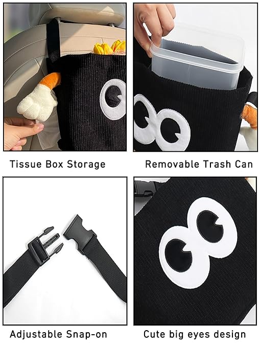 Car Cute 2 in 1 Trash Can with Tissue Holder Box Seat Back Bag Hanging over the Seat Organizer Plush Cartoon Animal Storage Garbage,Black