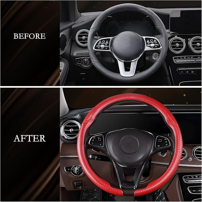 Aimato Car Steering Wheel Cover Carbon Fiber, Ultra-Thin Car Steering Wheel Cover,Comfortable & Breathable Microfiber,Universal Fit for Most Cars, Matte Red