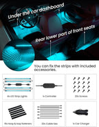 Car RGB LED Lights, Smart 48 LED Car Interior Light with APP Control, Under Dash Car Strip Lights, Music Mode, DIY Mode, 2 Lines Design Light with Charger, Ambient Lighting for Cars SUVs Trucks