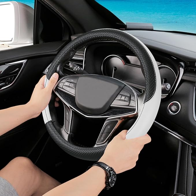 Black & White Car Steering Wheel Cover, Microfiber, Leather Patchwork, Universal 14.5-15 Inch Leather Anti-Slip Breathable Au