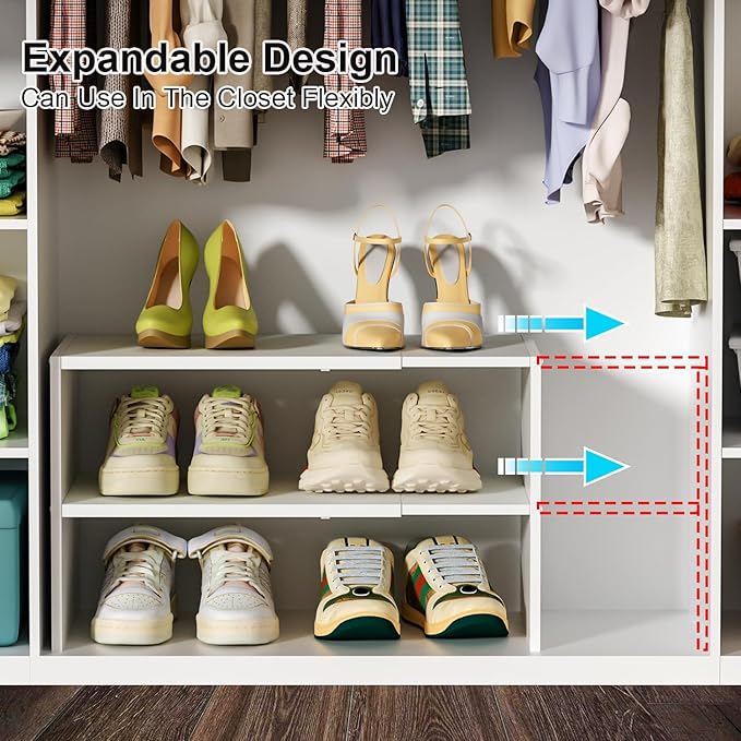 2 Pack White Shoe Rack for Closet, 2-Tier Expandable Small Shoe Shelf, Stackable Iron Wood Combination Shoe Organizer Racks S