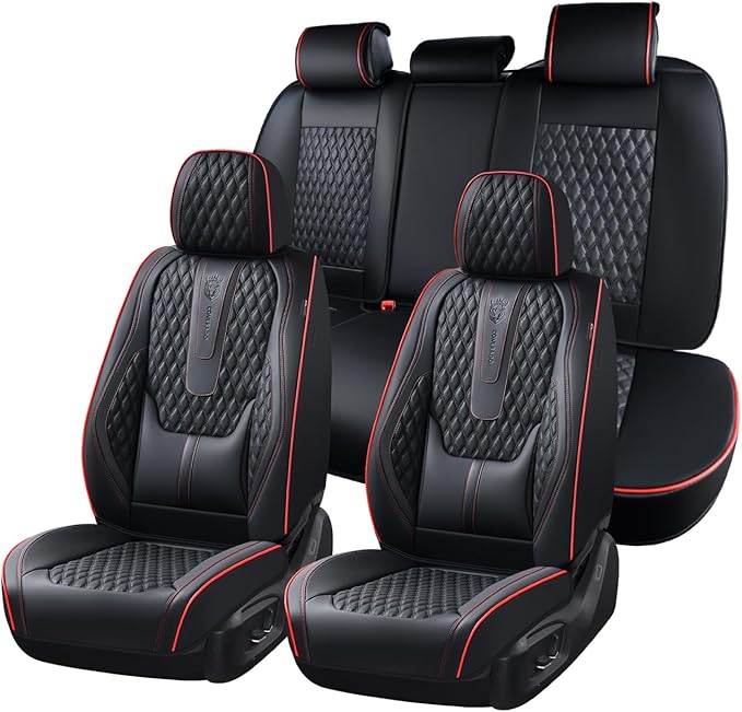 Coverado Car Seat Covers Full Set, Nappa Leather Seat Covers for Car, Waterproof Car Seat Protector with Lumbar Support, Auto