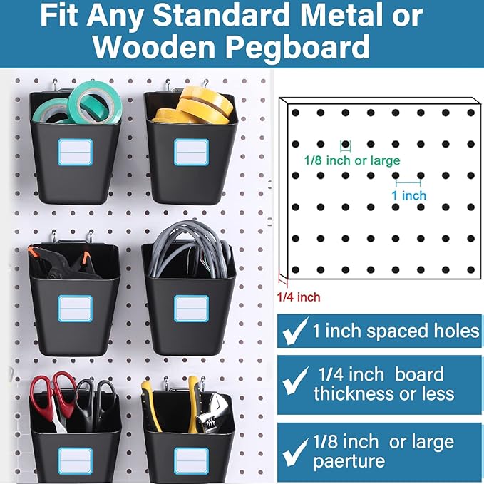Namalu 12 Pack Peg Board Storage Bins with Labels and Hooks Square Box Shape Pegboard Cup Holder Accessories Pegboard Organiz