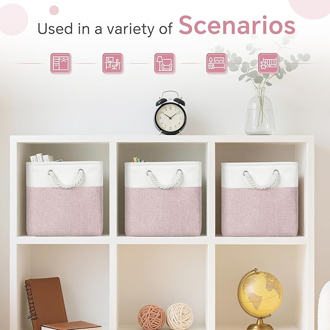 FinishingBo Cube Storage Bins, 6 Pack 11x11 inch with Cotton Handles for Closet, Shelves, Clothes, Towel (White/Pink)