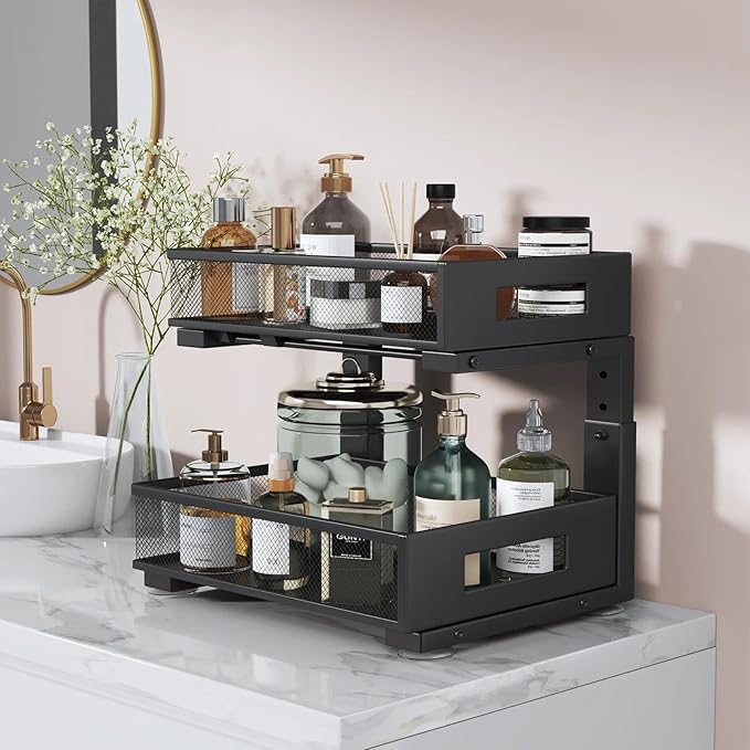 Under Sink Organizer, 2-Tier Dual Pull Out Cabinet Organizer Drawers With Smooth Circular Rail, Large Capacity Metal Mesh Sli