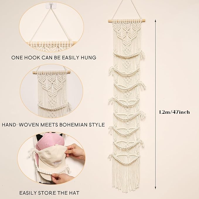 jontell Boho Ball Cap Hanger-2 Pack-Boho Macrame Cap Holder Wall Hat Organizer for Baseball Cap Holder Over Door, Hat Rack fo