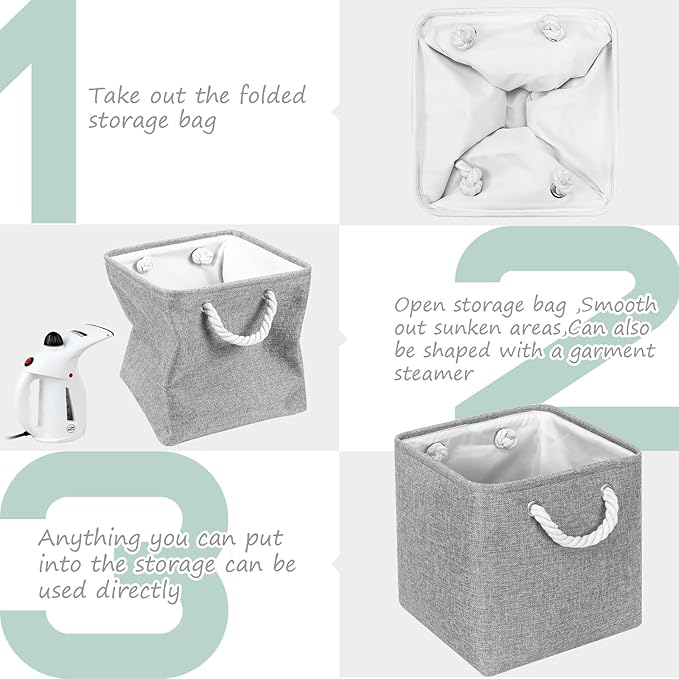 FinishingBo Large 11x11 Inch Cube Storage Bins with Cotton Handles for Closet, Shelves, Clothes, Towel (Gray-6 Pack)