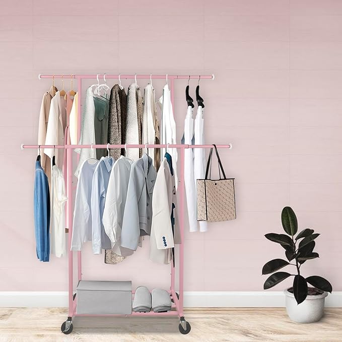 Fishat Portable Pink Double Rods Garment Clothes Rack for Drying with Rolling Clothes Organizer on Lockable Wheels Mobile for