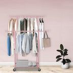 Fishat Portable Pink Double Rods Garment Clothes Rack for Drying with Rolling Clothes Organizer on Lockable Wheels Mobile for