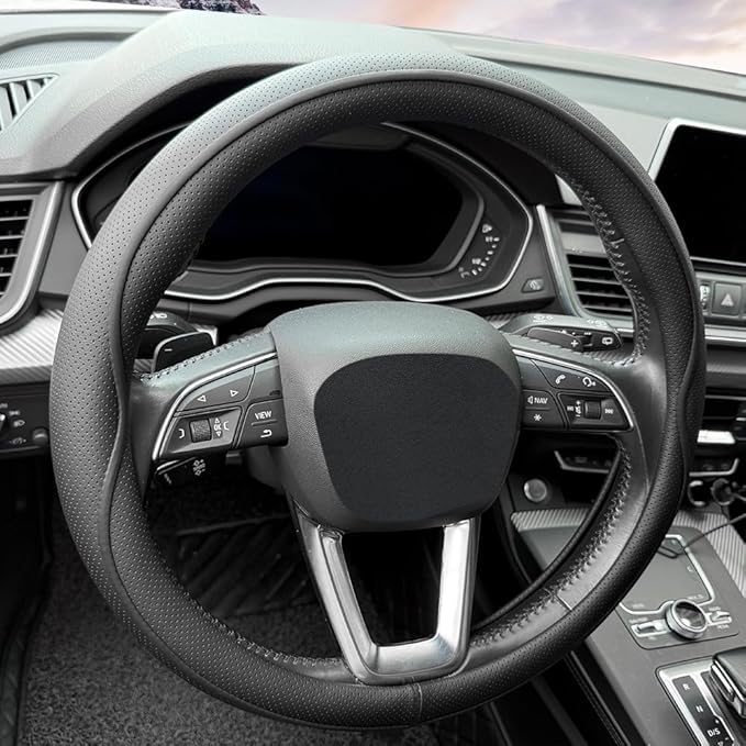 HAOTULE Leather Steering Wheel Cover， with Anti-Slip Stripe Design - Enhanced Grip, Fashion Style, Safe, Non-Slip, Breathable