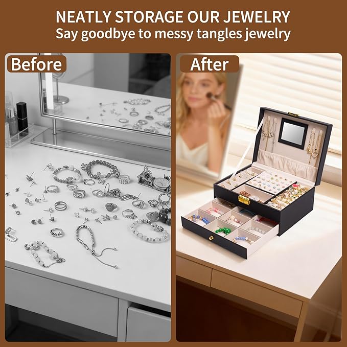 coobest Jewelry Box, 2 Layer Jewelry Organizer with Velvet Earring Organizer, Jewelry Holder Organizer Travel, White Jewelry 