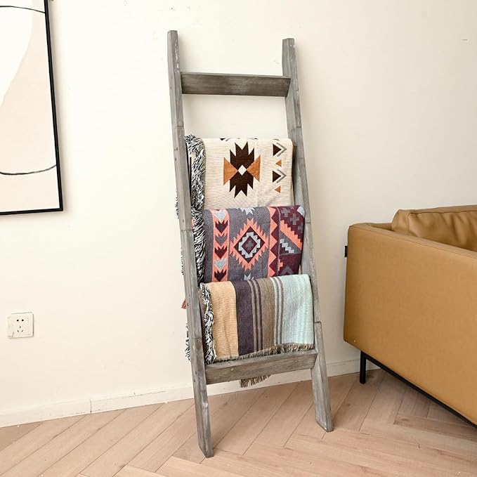 FUIN 5ft (58") Wood Blanket Ladder Living Room Decorative Wall Leaning Farmhouse Quilt Display Holder Storage Rustic Wooden T